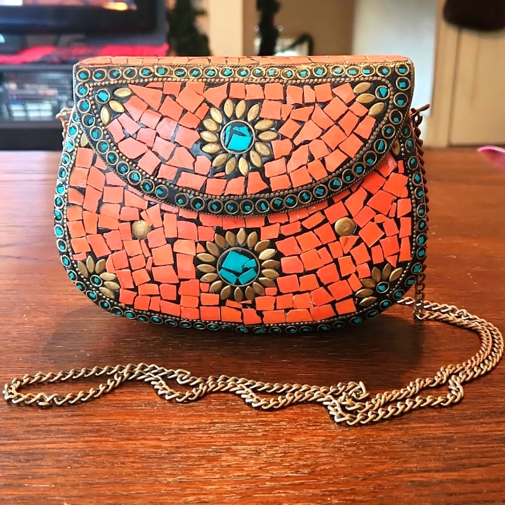 Moroccan Mosaic Tile, Metal, and Velvet Linning Mini Purse